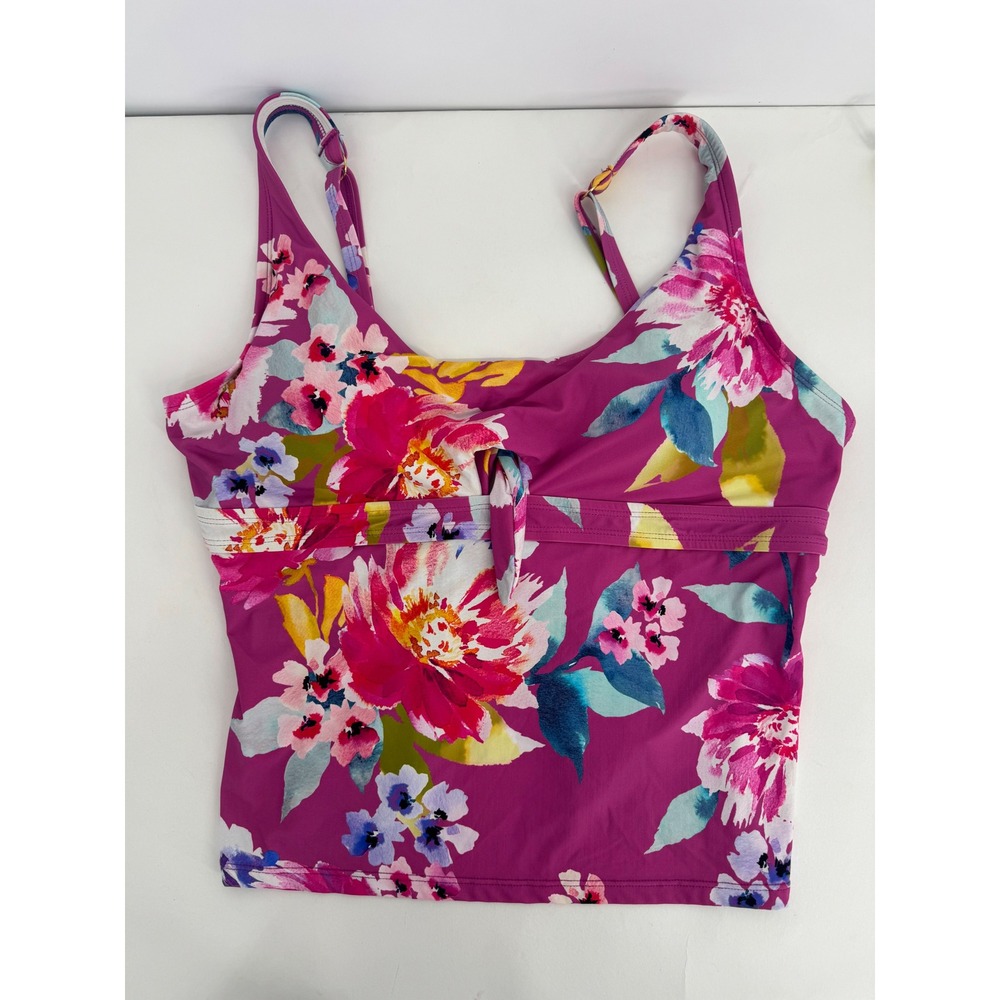 Freshwater Sz XL Womens Floral Tie Front Tankini Swim Top Pink Purple Tropical